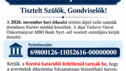 Tájékoztatás a 2026. novemberi étkezési térítési díj befizetéséről